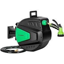 Wall Mounted 0 5 In Dia X 100 Ft Retractable Garden Hose Reel With A 9 Pattern Nozzle