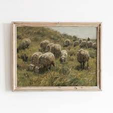 Grazing Sheep Vintage Animal Landscape
