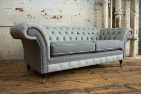 3 Seater Grey Leather Chesterfield Sofa
