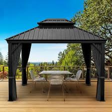 Egeiroslife 12 Ft W X 10 Ft D Double Roof Hardtop Aluminum Patio Gazebo With Netting And Gray Curtains