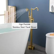 Single Handle Freestanding Tub Faucet Bathtub Filler With Hand Shower In Brushed Gold