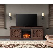 Wampat Fireplace Tv Stand Farmhouse Sliding Barn Door Entertainment Center For Tvs Up To 75 Inches Rustic In Brown