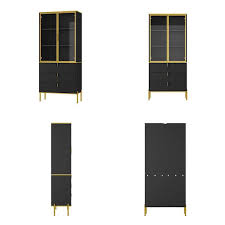 71 9 In Tall Black Gold Wooden 3 Shelf Accent Bookcase Storage Cabinet With Tempered Glass Doors 3 Drawer