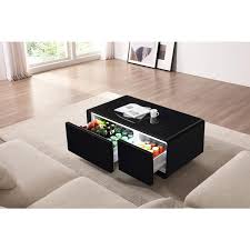 Modern 41 5 In Black Tempered Glass Square Smart Mini Coffee Table With Built In Fridge Power Socket Usb Interface