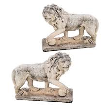 Vintage Lion Sculptures On Cement Set