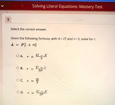 Solving Literal Equations Mastery Test
