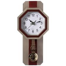 Clockswise Traditional Beige Round Wood Looking Pendulum Plastic Wall Clock For Living Room Kitchen Or Dining Room