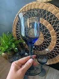 Vintage Blue Tulip Shaped Wine Glasses