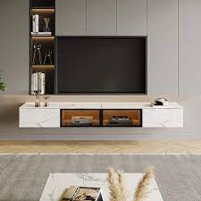 Floating Wall Hung Tv Stand Modern Hanging Tv Cabinet With Motion Sensor Led 4 Flip Down Doors White Stone 110 24