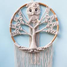 Cotton Macrame Owl In Tree Wall Hanging