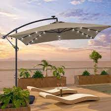 8 2 Ft X 8 2 Ft Patio Offset Cantilever Umbrella With Led Lights Rectangular Canopy Steel Pole And Ribs In Taupe