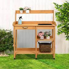 Wood Garden Workbench With Drawers And