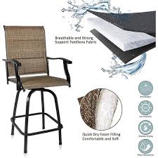 Swivel Metal Frame Outdoor Bar Stools Padded Textilene High Patio Chairs With Arm Support Set Of 2