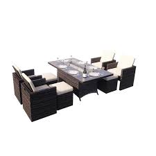 Moda Furnishings Cube 9 Piece Wicker Patio Fire Pit Conversation Sofa Set With Beige Cushions