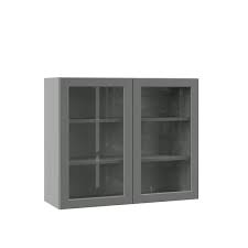Hampton Bay Designer Series Melvern Storm Gray Shaker Assembled Wall Kitchen Cabinet With Glass Doors 36 In X 30 In X 12 In