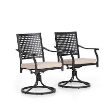 Black Swivel Metal Outdoor Dining Chair With Beige Cushion 2 Pack