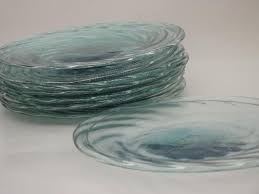 Set Of 8 Pale Bottle Green Glass Plates