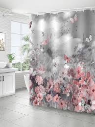 1pc Grey Sky Pink Fl Shower Curtain