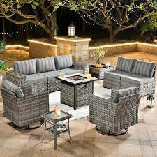 Tahoe Grey 10 Piece Wicker Swivel Rocking Outdoor Patio Conversation Sofa Set With A Fire Pit And Striped Grey Cushions