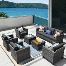 New Vultros Gray 7 Piece Wicker Patio Conversation Set Ating Set With Black Cushions