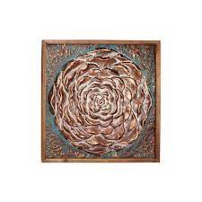 Decmode Large Square Aqua Bronze Metal Rose Wall Decor In Natural Wood Frame 41 5 X 41 5