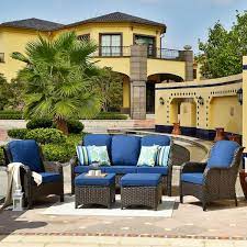 Ovios New Kenard Brown 5 Piece Wicker Outdoor Patio Conversation Seating Set With Navy Blue Cushions Ntc700