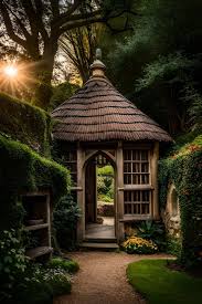 A Small Wooden Gazebo In A Garden With