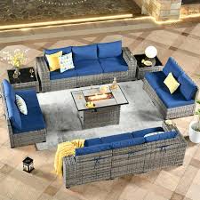 Crater Grey 13 Piece Wicker Wide Plus Arm Outdoor Fire Pit Patio Conversation Sofa Set With Navy Blue Cushions