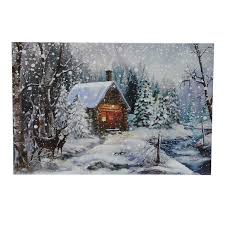 Luxenhome Lighted Winter Wonderland Log Cabin Canvas Print Whhd1008