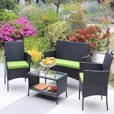 Afoxsos 4 Piece Black Outdoor Rattan Wicker Conversation Set Patio Sofa Set With Coffee Table And Green Cushions