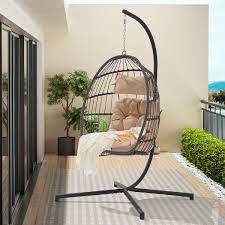 Modern Wicker Indoor Outdoor Patio Swing Hanging Egg Chair With Khaki Cushion Garden Rattan Hammock Chair With Stand