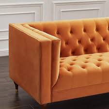 Conroe Mid Century Tufted Tight Back Velvet Upholstered Sofa In Orange