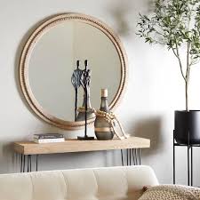 44 In X 44 In Distressed Round Framed Brown Wall Mirror With Beaded