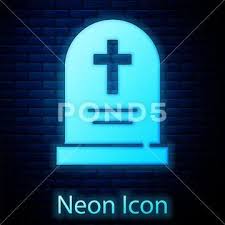 Glowing Neon Tombstone With Cross Icon