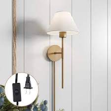 Nathan James Millie Plug In Wall Sconce Wall Mounted Bedside Reading Lamp With Cotton Shade Vintaged Brass White