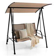 2 Seat Outdoor Canopy Swing With Comfortable Fabric Seat And Heavy Duty Metal Frame Beige Costway