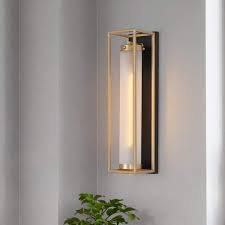 Zevni 1 Light Dark Gold Modern Wall Sconce Frosted Glass Black Wall Light Farmhouse Tube Shaped Bathroom Vanity Light