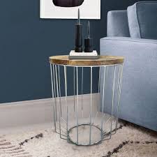 Round Wooden Top Accent Side End Table With Wire Metal Base Light Brown And Chrome