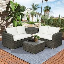 4 Piece Wicker Outdoor Sectional Sofa Set With Beige Cushions