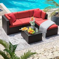 5 Pieces Wicker Patio Conversation Furniture Outdoor Rattan Sofa Set With Glass Coffee Table And Red Cushion