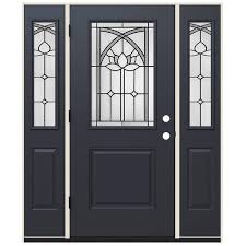 36 In X 80 In Right Hand Inswing 1 2 Lite Ardsley Decorative Glass Black Steel Prehung Front Door With Sidelites