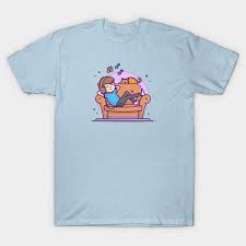 Happy Boy Listening On Sofa With Cute Cat Tune And Notes Of Cartoon Vector Icon Ilration T Shirt