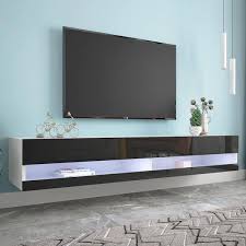 70 66 In X 16 33 In Black Wall Mounted Floating 80 In Tv Stand With 20 Color Leds