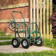 Glitzhome Green Steel 4 Wheel Garden Hose Reel Cart