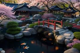 A Japanese Garden With A Red Bridge And