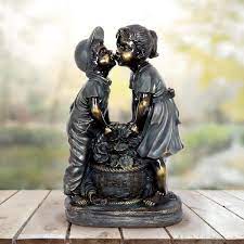 Exhart Kissing Boy And Girl In Bronze Look With Patina Finish Garden Statuary 20 Inch