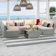 Joyside 7 Piece Wicker Outdoor Patio Sectional Sofa Conversation Set With Beige Cushions