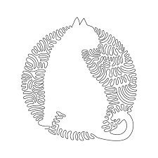 Curly Line Drawing Of Cute Cat Sitting