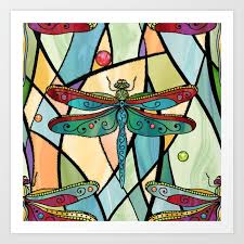 Dragonflies On Stained Glass Art Print
