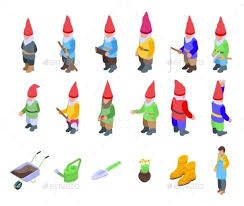 Garden Gnome Icons Set Isometric Style